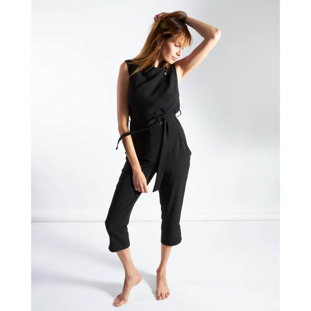 Malia Mills Boss Lady‎ Belted Jumpsuit In Black Crepe Size 8 Made in NYC USA